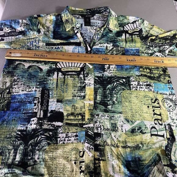 NWT ALI MILES Tunic Blouse Button Paris Roll Tab Long Sleeve Womens L Green Blue - Picture 5 of 13